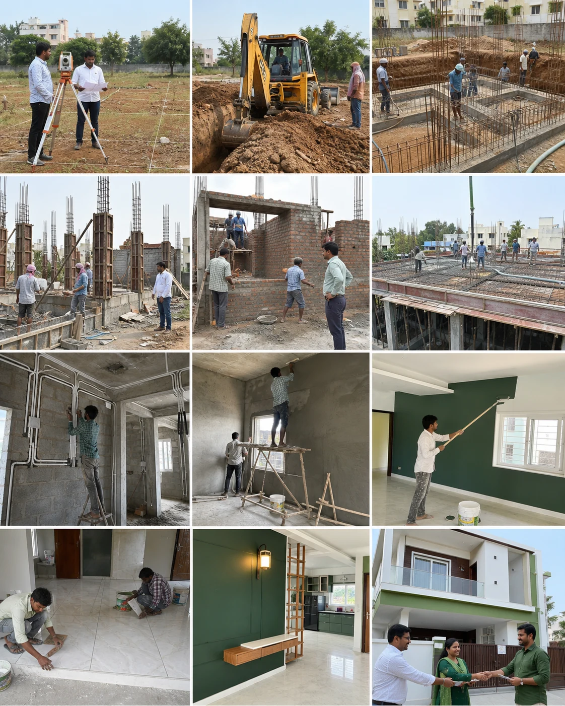 A collage showing the complete construction journey from site marking to finished building