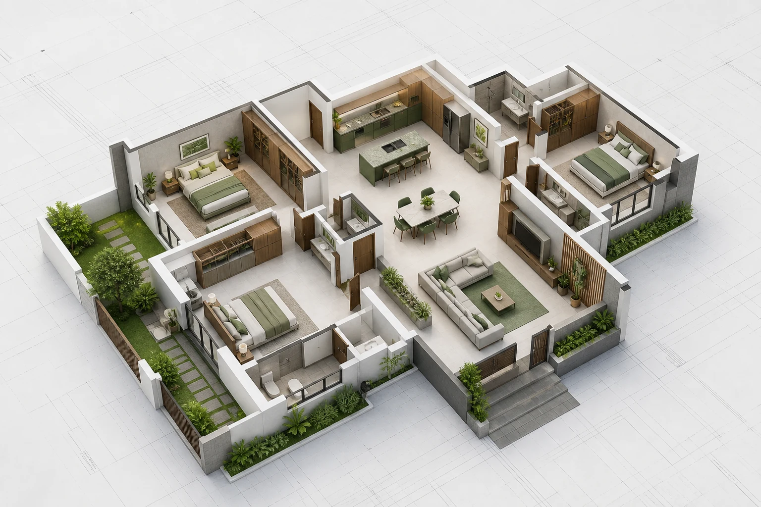 A detailed 3D architectural floor plan