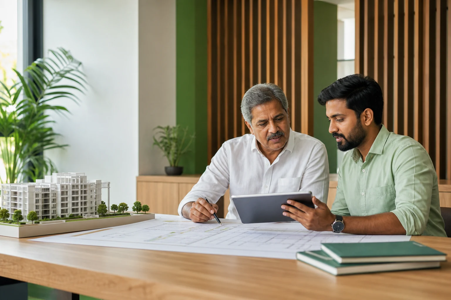 A property owner and construction expert reviewing plans